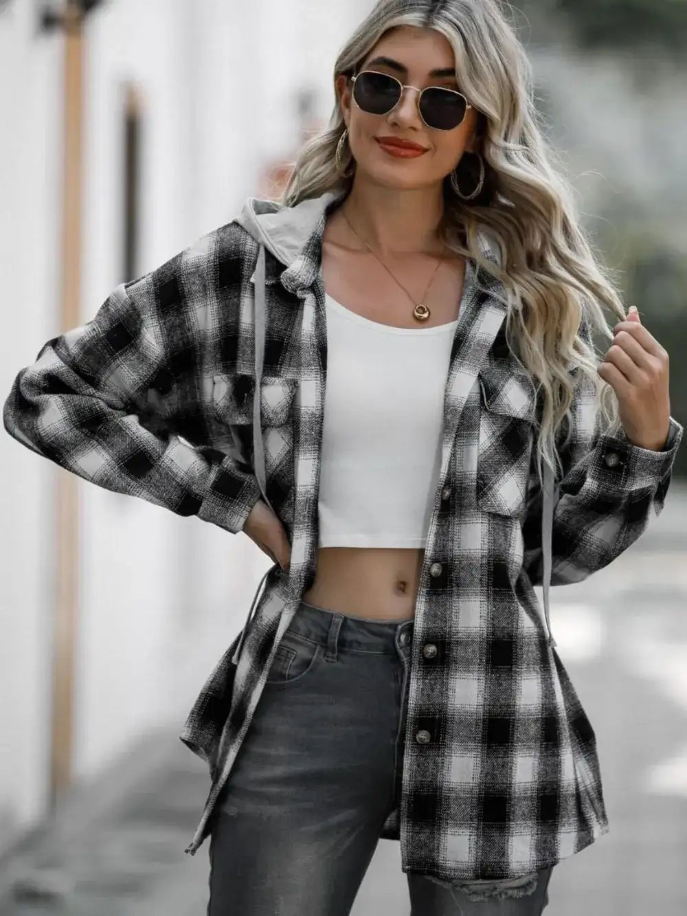 plaid drawstring hooded shacket - Bela Fils BoutiqueBela Fils Boutique